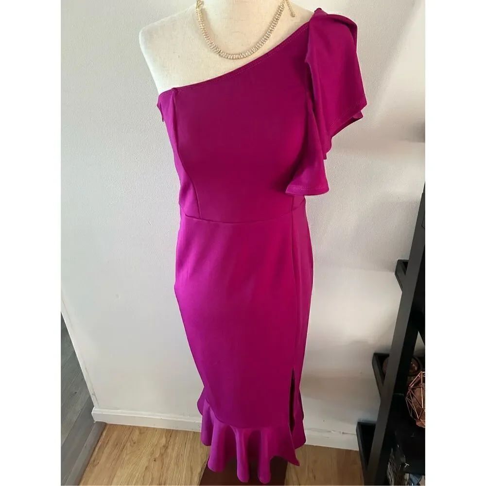 Fuchsia color Women's Off The Shoulder Split Ruffle Hem Bodycon Midi Dress